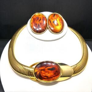 Vintage Omega Chain Necklace Faux Tortoise Lucite Earrings Set 18”